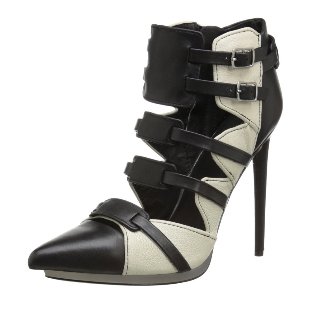 L.A.M.B. Black & White Kaine Ankle Bootie Heels